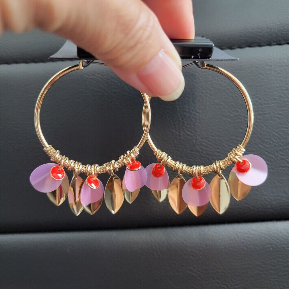 Lydell New York Hoop Earrings gold tone with leaf red and pink accents NWT